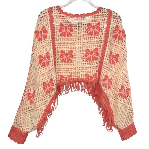 NWT House of Harlow Nicole Richie Pink White Bow Crochet Poncho Sweater Fringe - Picture 2 of 11